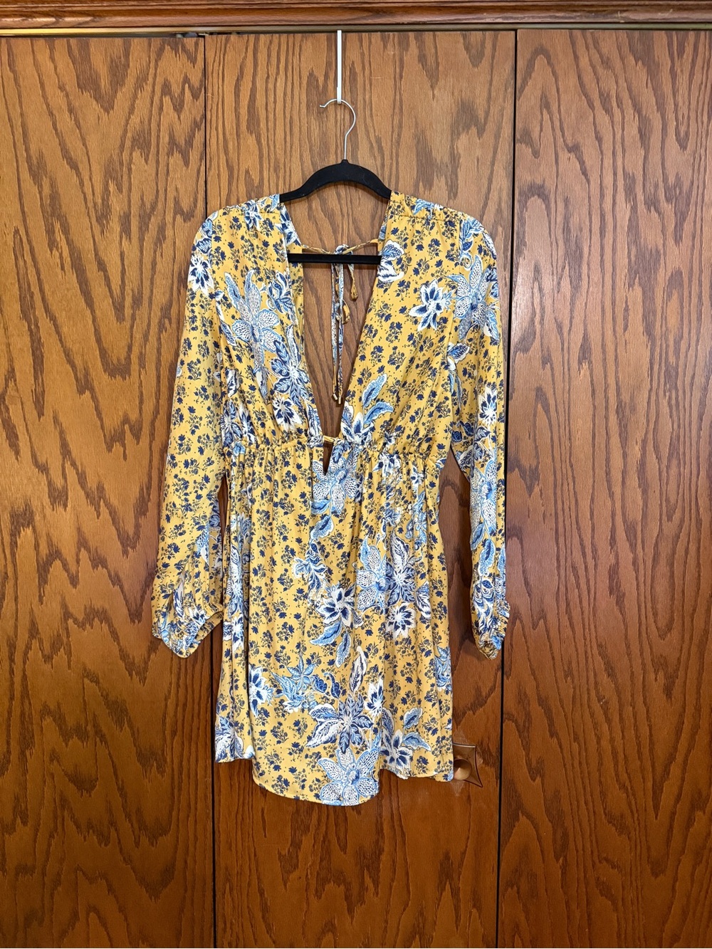 Free People Mustard Floral Mini Dress Medium Boho Long Sleeve Open Back